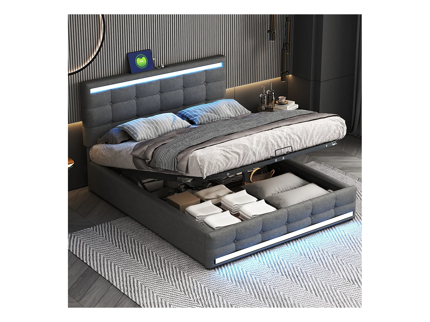 Lit rembourré 140×200 cm avec éclairage LED, rangement spacieux et 2 ports USB