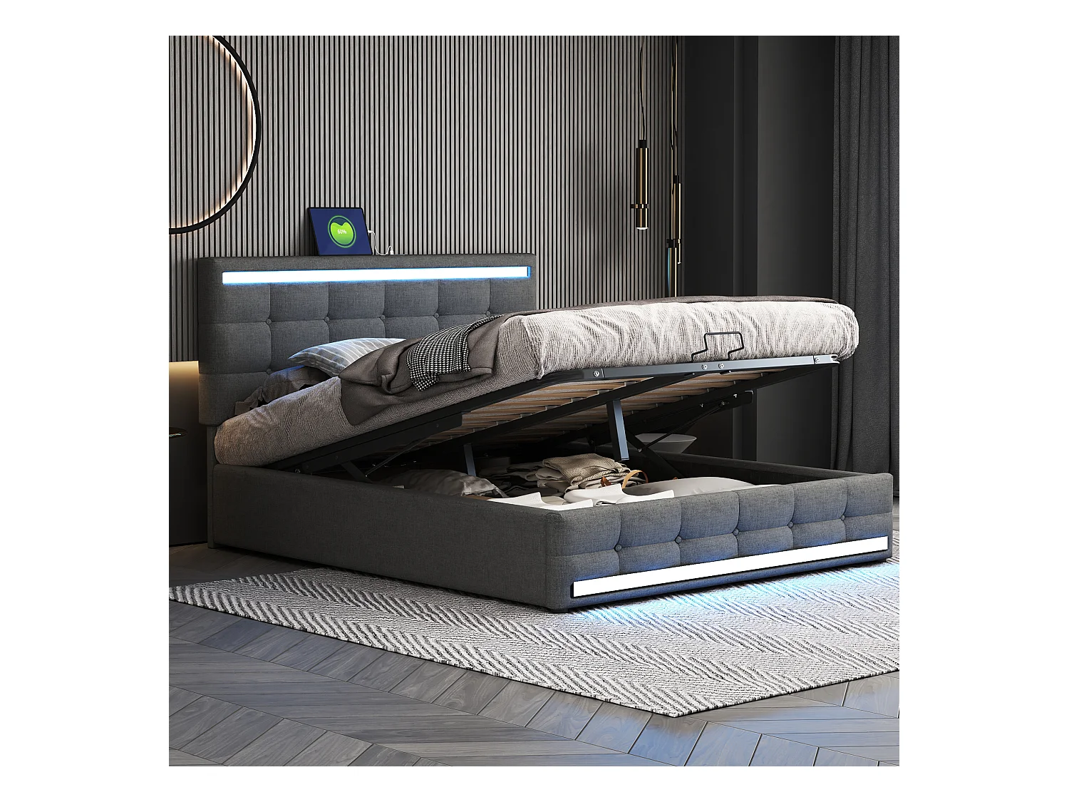 Lit rembourré 140×200 cm avec éclairage LED, rangement spacieux et 2 ports USB