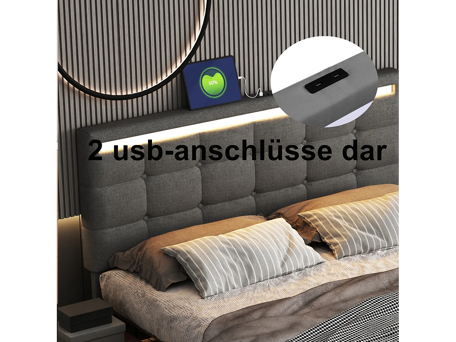 Lit rembourré 140×200 cm avec éclairage LED, rangement spacieux et 2 ports USB