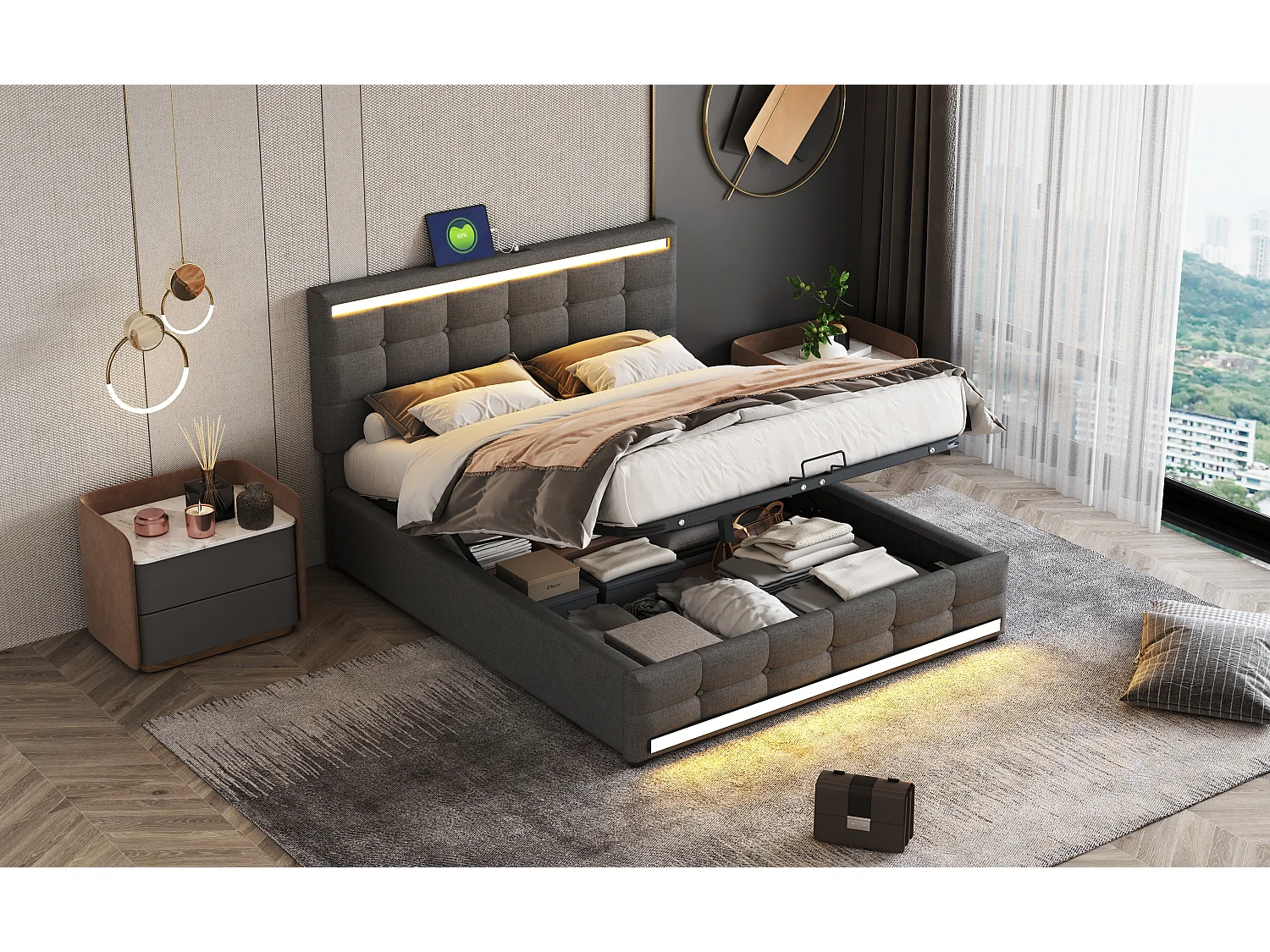 Lit rembourré 140×200 cm avec éclairage LED, rangement spacieux et 2 ports USB