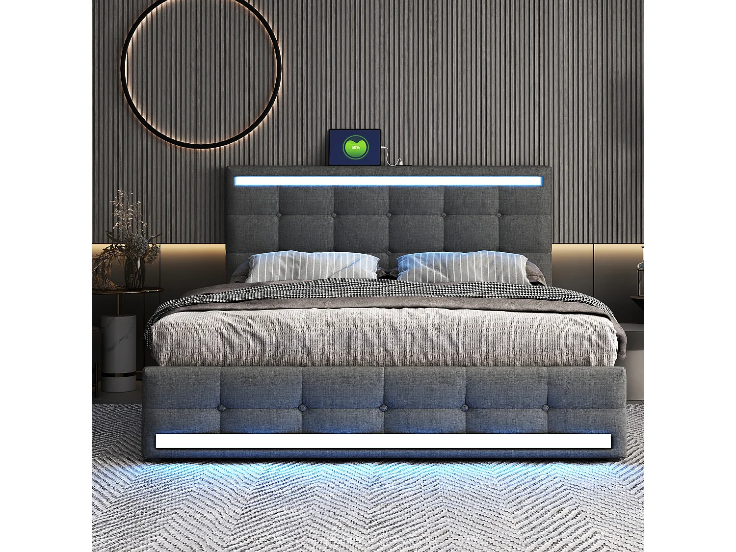 Lit rembourré 140×200 cm avec éclairage LED, rangement spacieux et 2 ports USB
