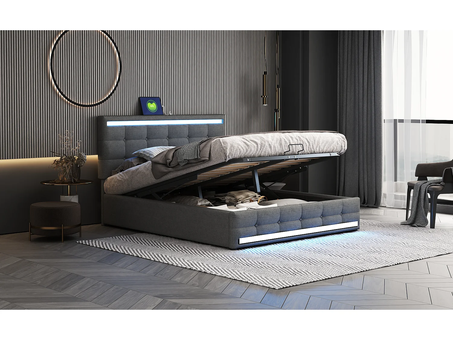 Lit rembourré 140×200 cm avec éclairage LED, rangement spacieux et 2 ports USB