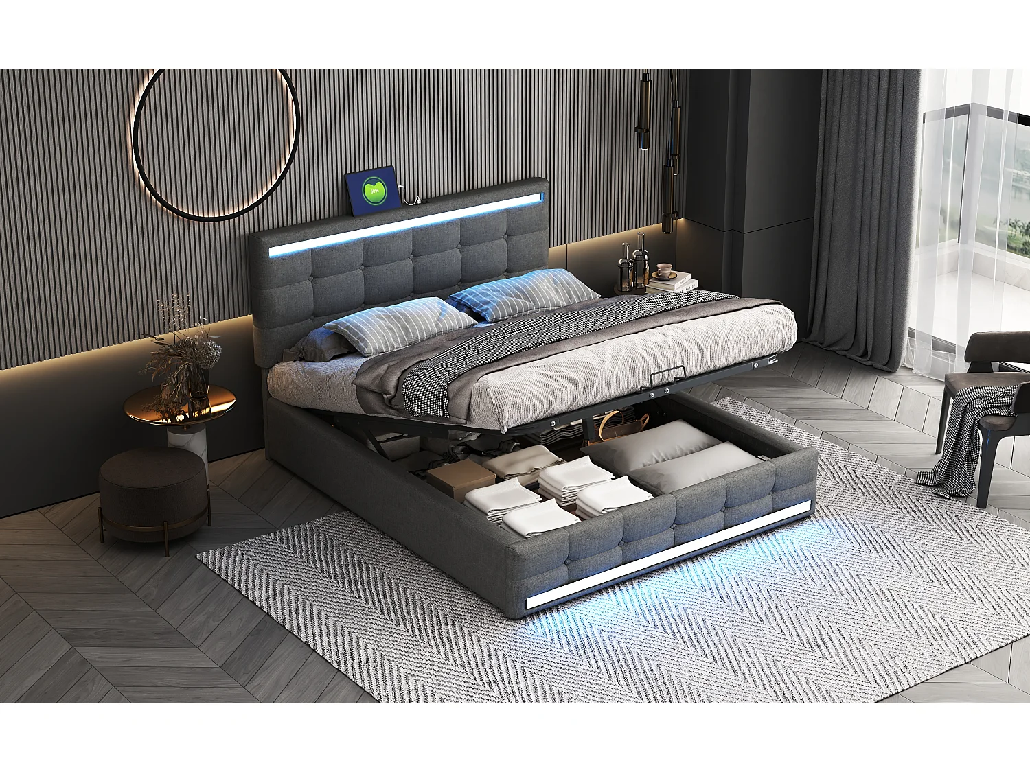 Lit rembourré 140×200 cm avec éclairage LED, rangement spacieux et 2 ports USB