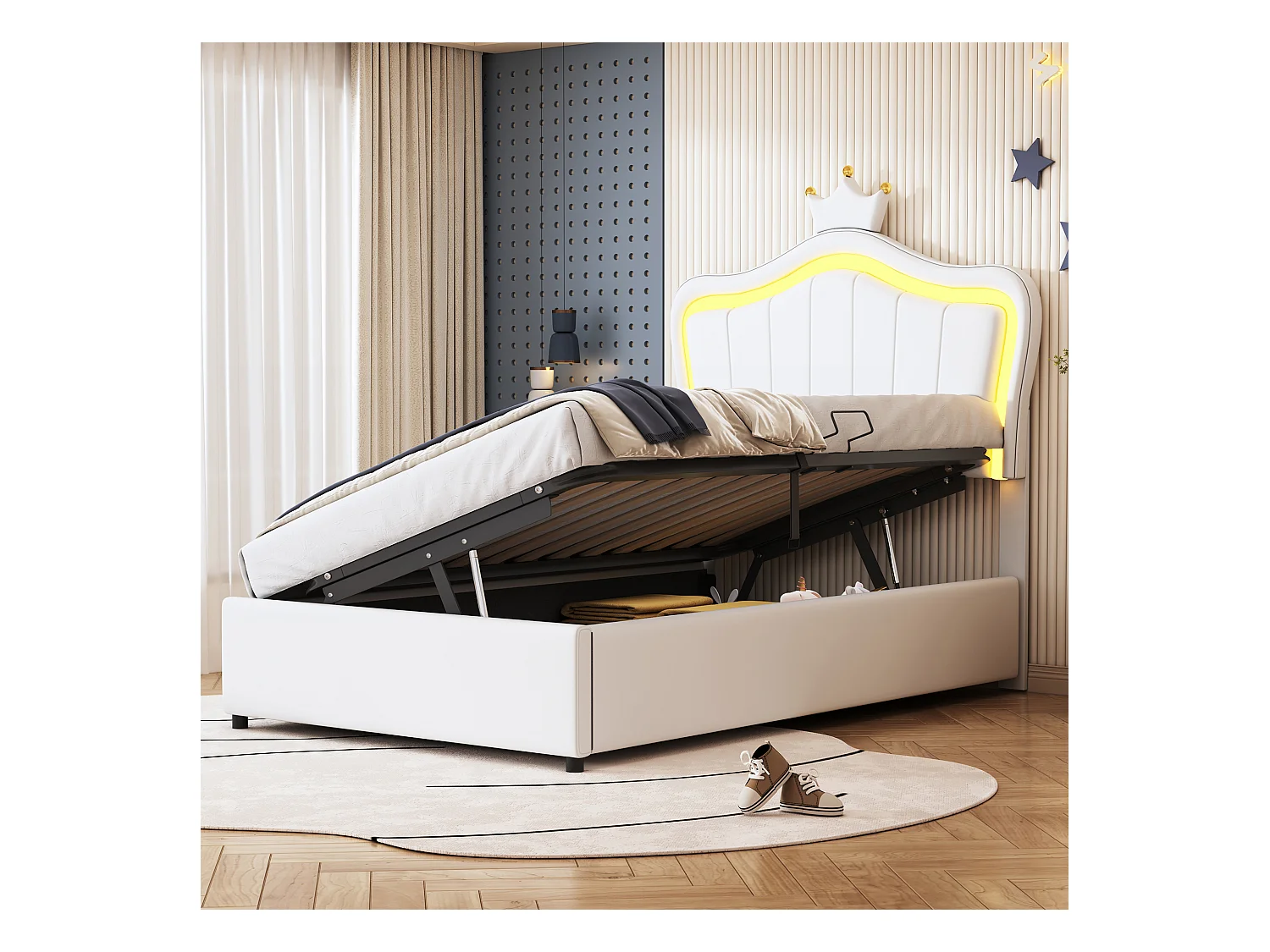 Lit enfant rembourré 90x200 cm, avec design en forme de coquillage, éclairage LED, rangement hydraulique