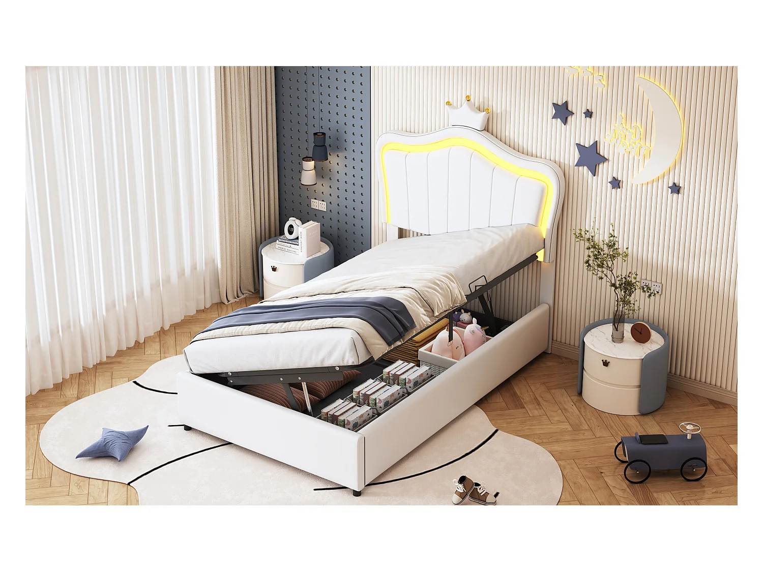 Lit enfant rembourré 90x200 cm, avec design en forme de coquillage, éclairage LED, rangement hydraulique