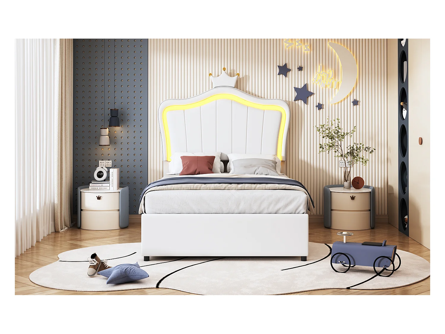 Lit enfant rembourré 90x200 cm, avec design en forme de coquillage, éclairage LED, rangement hydraulique