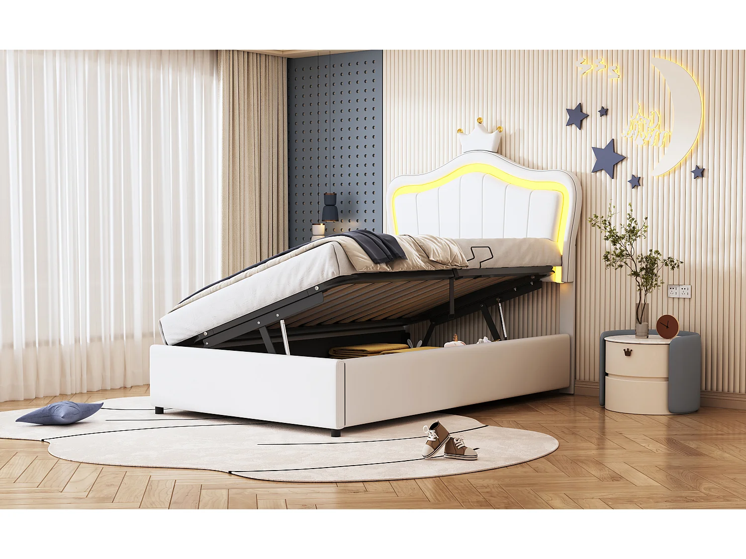 Lit enfant rembourré 90x200 cm, avec design en forme de coquillage, éclairage LED, rangement hydraulique