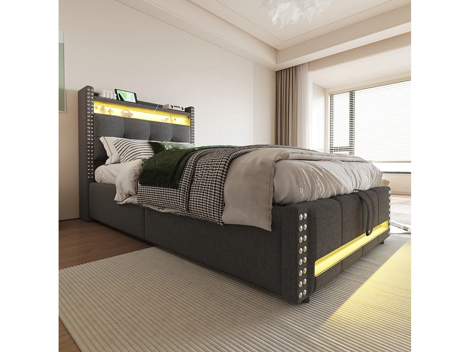 Lit enfant 90x200 cm avec éclairage LED et prise USB, tête de lit avec étagères et rangement, hydraulique