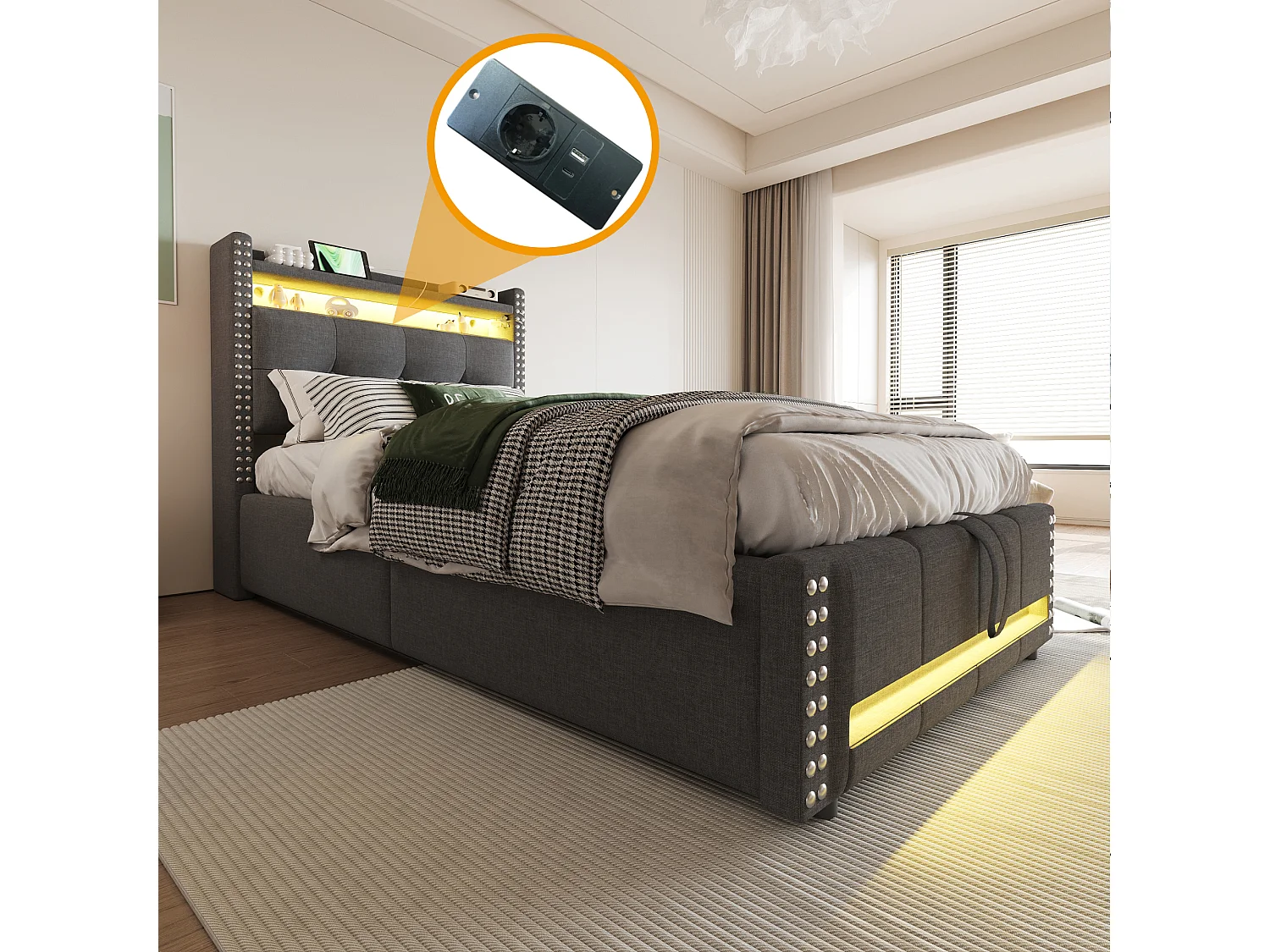 Lit enfant 90x200 cm avec éclairage LED et prise USB, tête de lit avec étagères et rangement, hydraulique