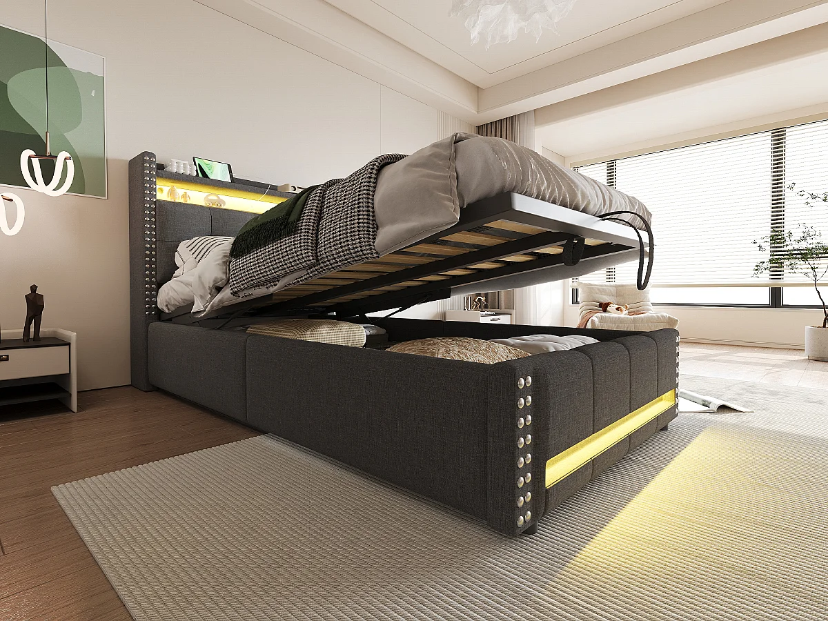 Lit enfant 90x200 cm avec éclairage LED et prise USB, tête de lit avec étagères et rangement, hydraulique