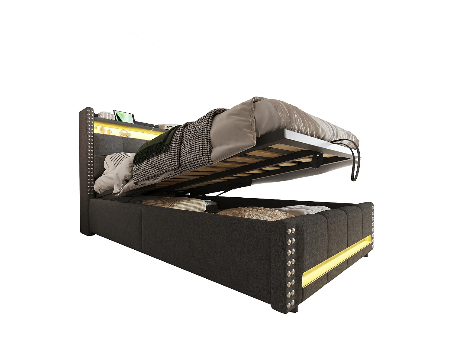 Lit enfant 90x200 cm avec éclairage LED et prise USB, tête de lit avec étagères et rangement, hydraulique