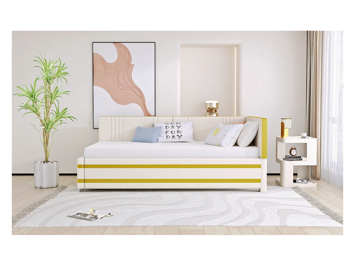 Lit rembourré 90x200 cm multifonction, sommier inclus, velours beige, convertible canapé