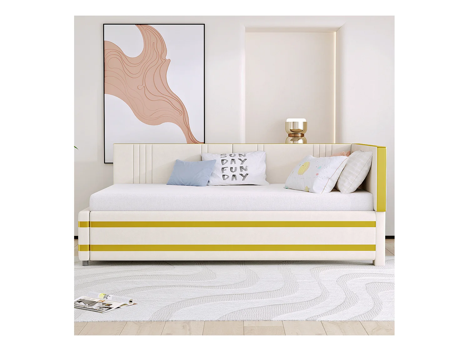 Lit rembourré 90x200 cm multifonction, sommier inclus, velours beige, convertible canapé