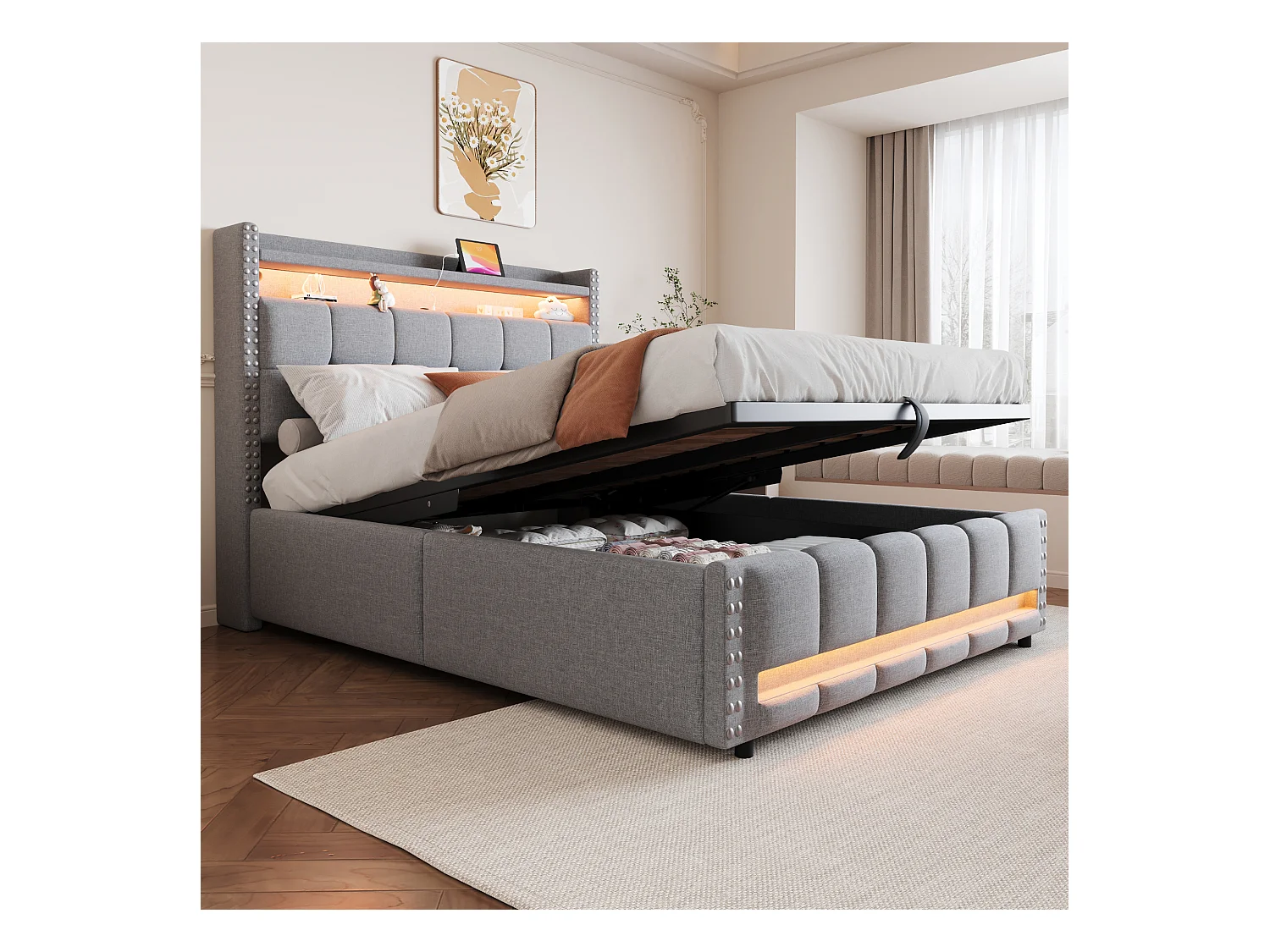 Lit rembourré 140×200 cm avec éclairage LED et prise USB, tête de lit avec étagères et rangement, système hydraulique