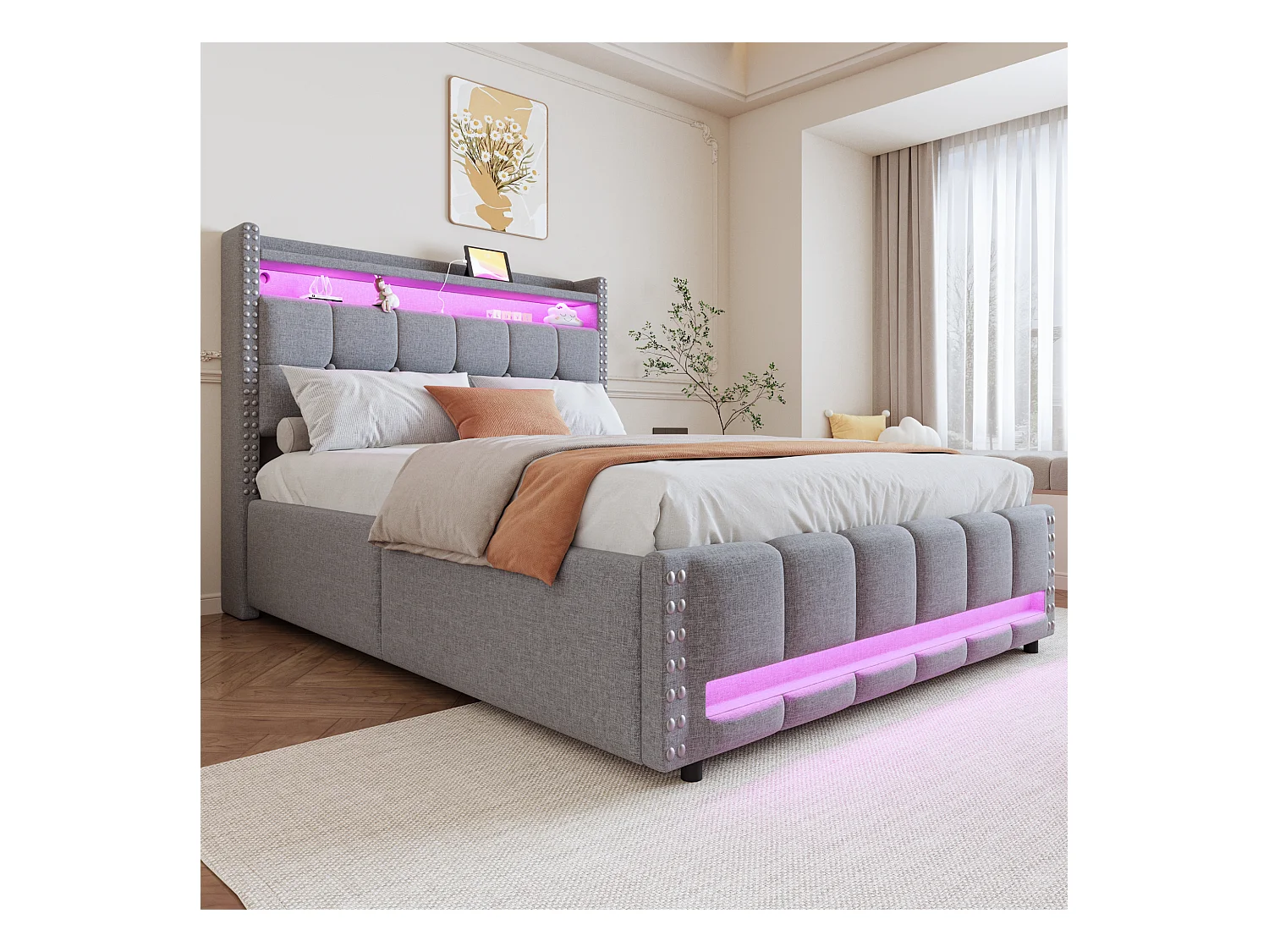 Lit rembourré 140×200 cm avec éclairage LED et prise USB, tête de lit avec étagères et rangement, système hydraulique