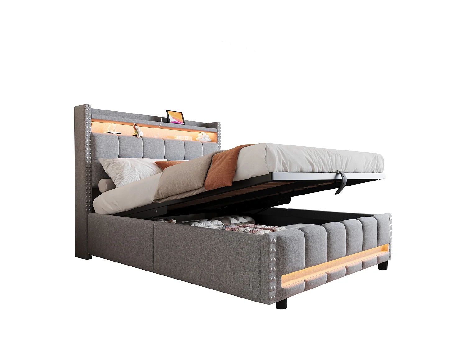 Lit rembourré 140×200 cm avec éclairage LED et prise USB, tête de lit avec étagères et rangement, système hydraulique