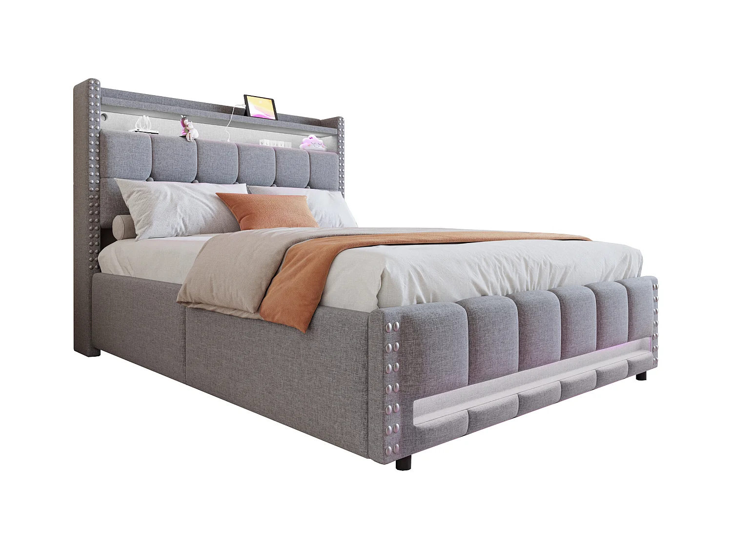 Lit rembourré 140×200 cm avec éclairage LED et prise USB, tête de lit avec étagères et rangement, système hydraulique