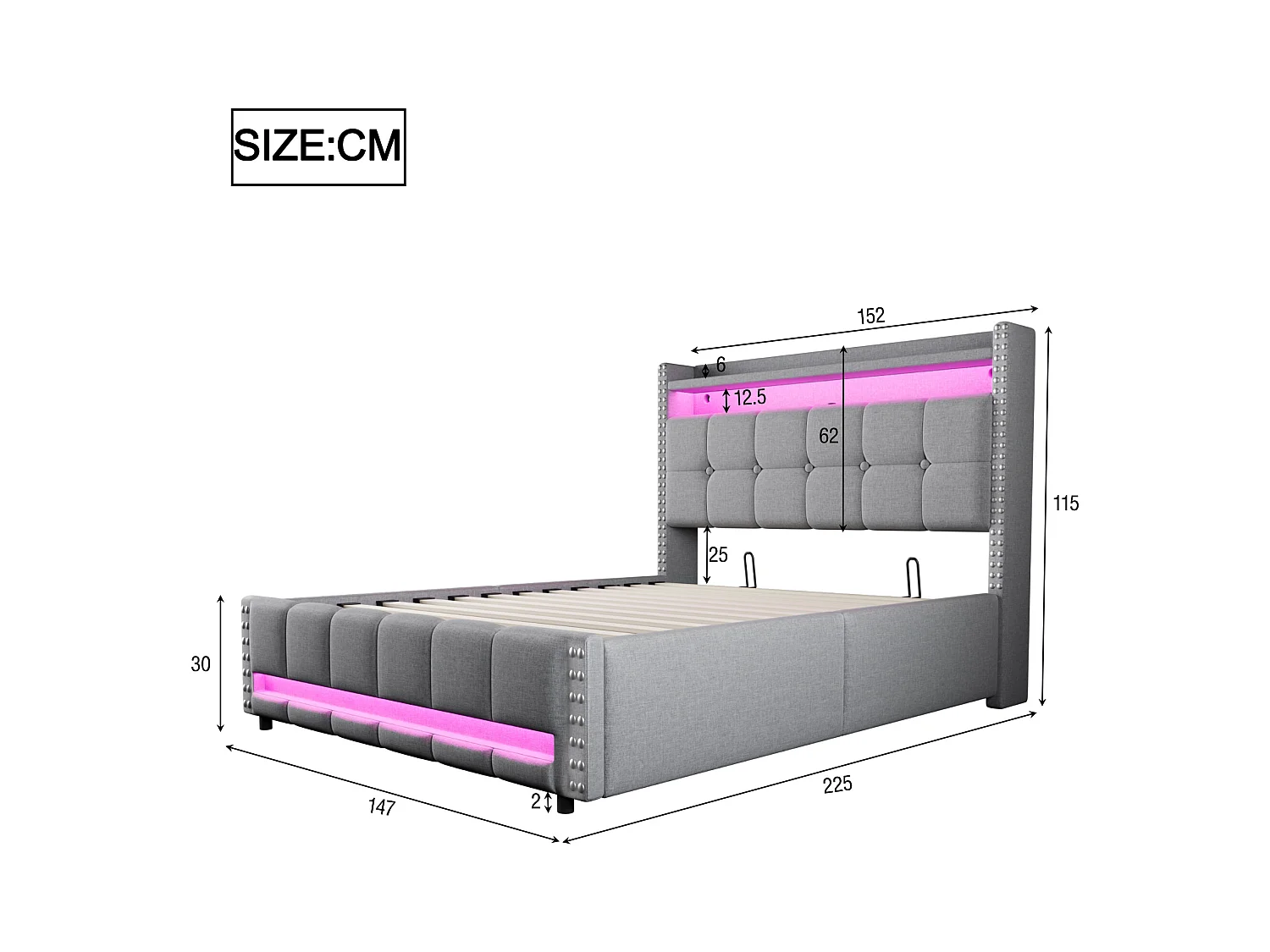 Lit rembourré 140×200 cm avec éclairage LED et prise USB, tête de lit avec étagères et rangement, système hydraulique