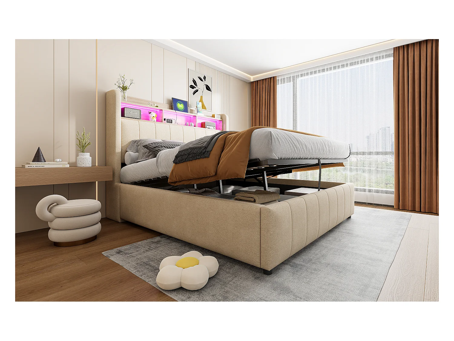 Lit rembourré 140×200 cm avec éclairage LED et prise USB, tête de lit avec étagères et rangement, hydraulique