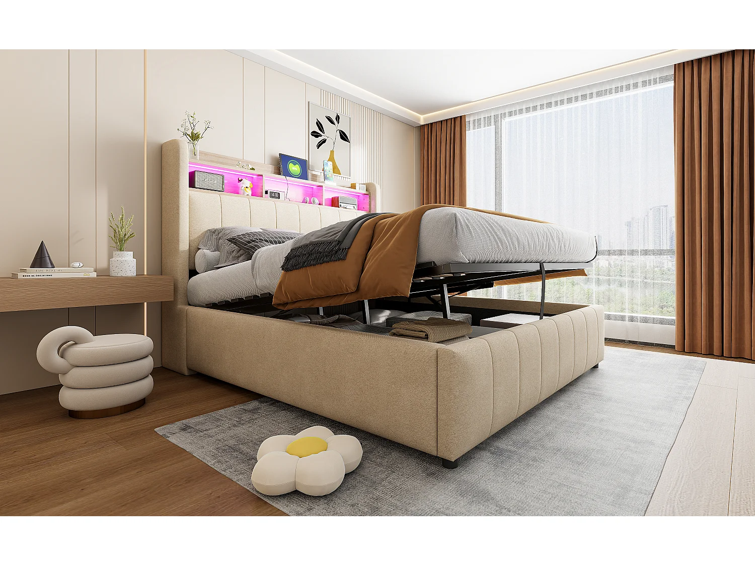 Lit rembourré 140×200 cm avec éclairage LED et prise USB, tête de lit avec étagères et rangement, hydraulique