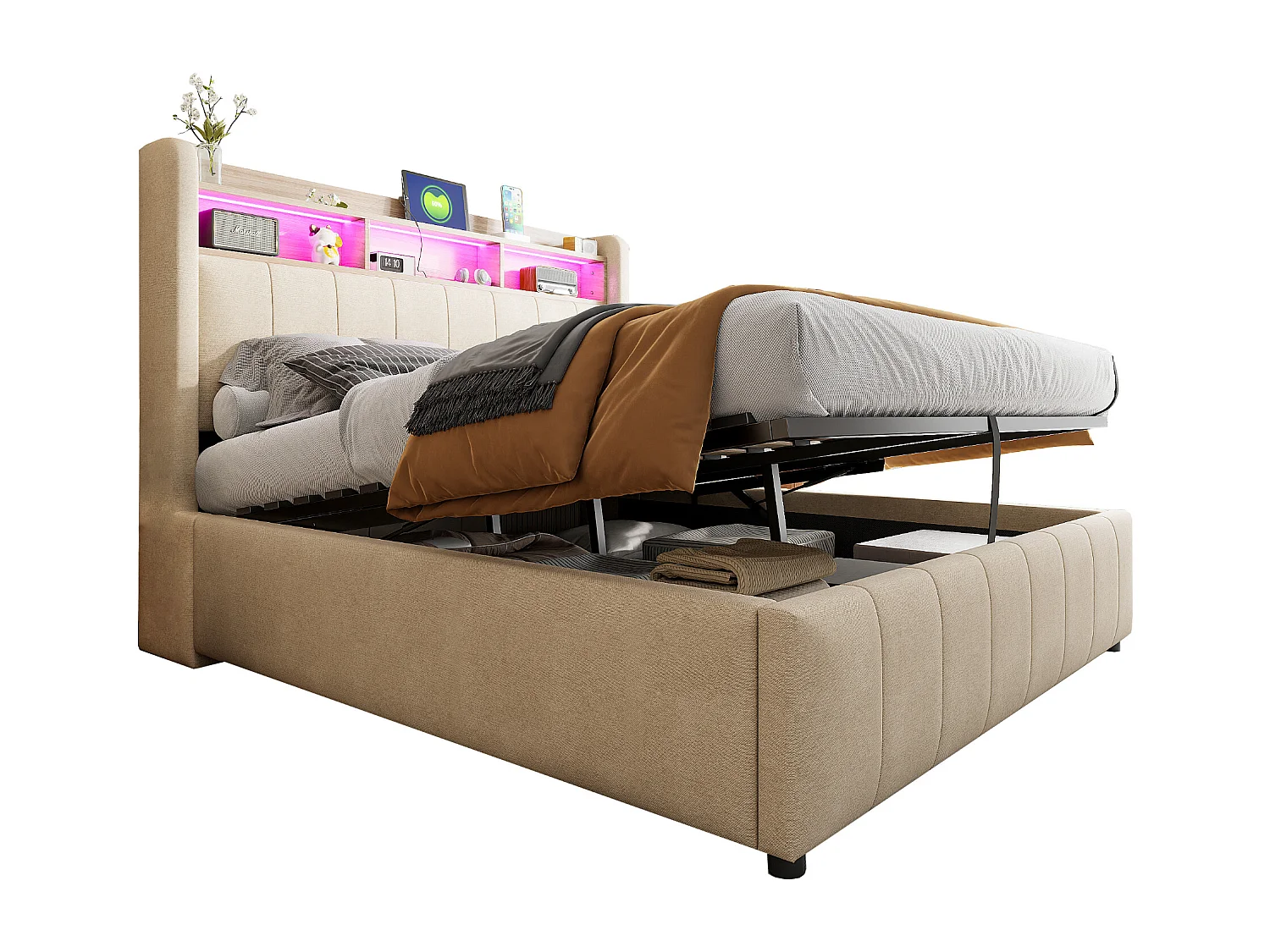 Lit rembourré 140×200 cm avec éclairage LED et prise USB, tête de lit avec étagères et rangement, hydraulique