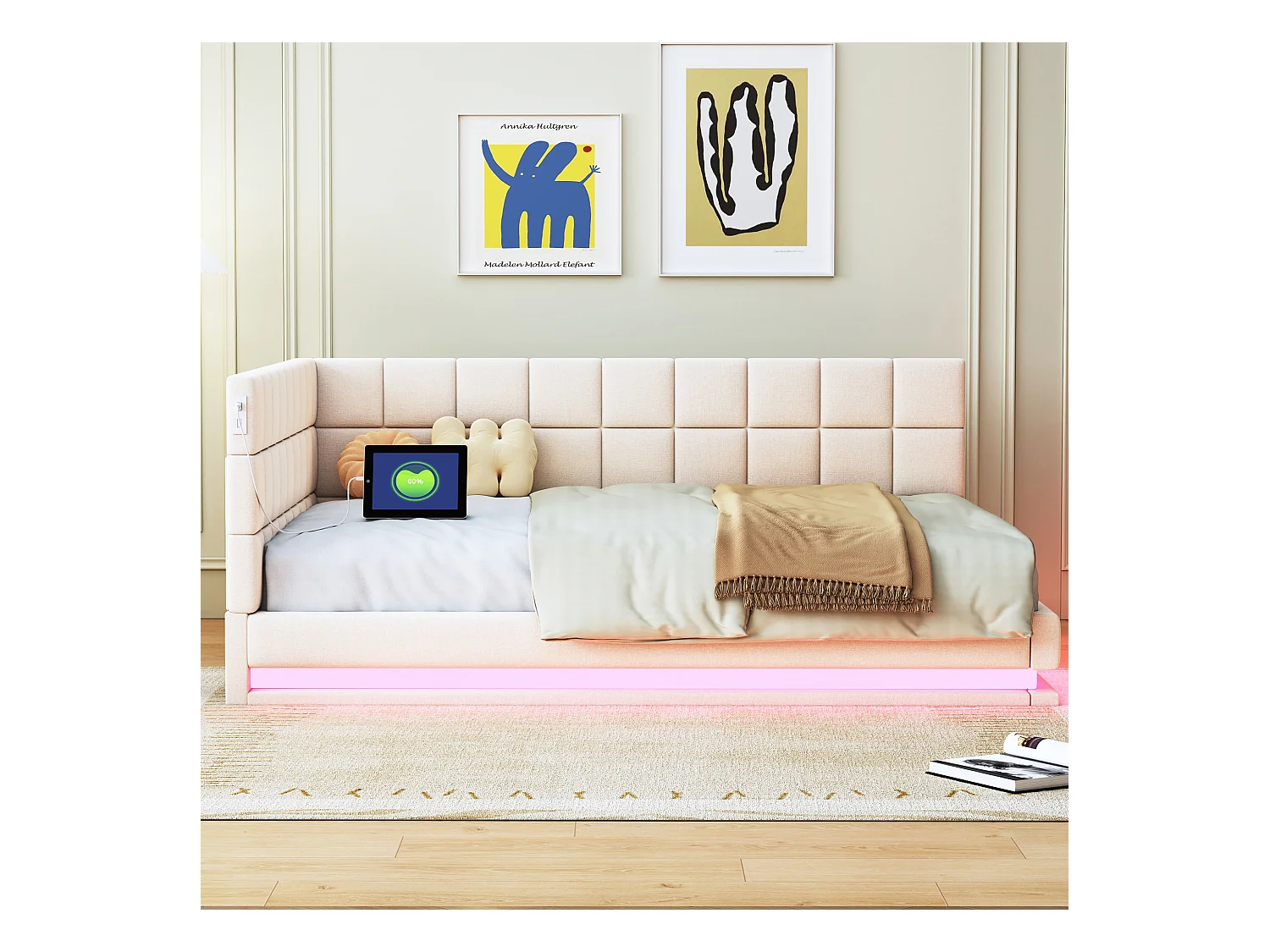 Lit convertible 140×200 cm en velours beige avec éclairage LED et prise USB, sommier inclus