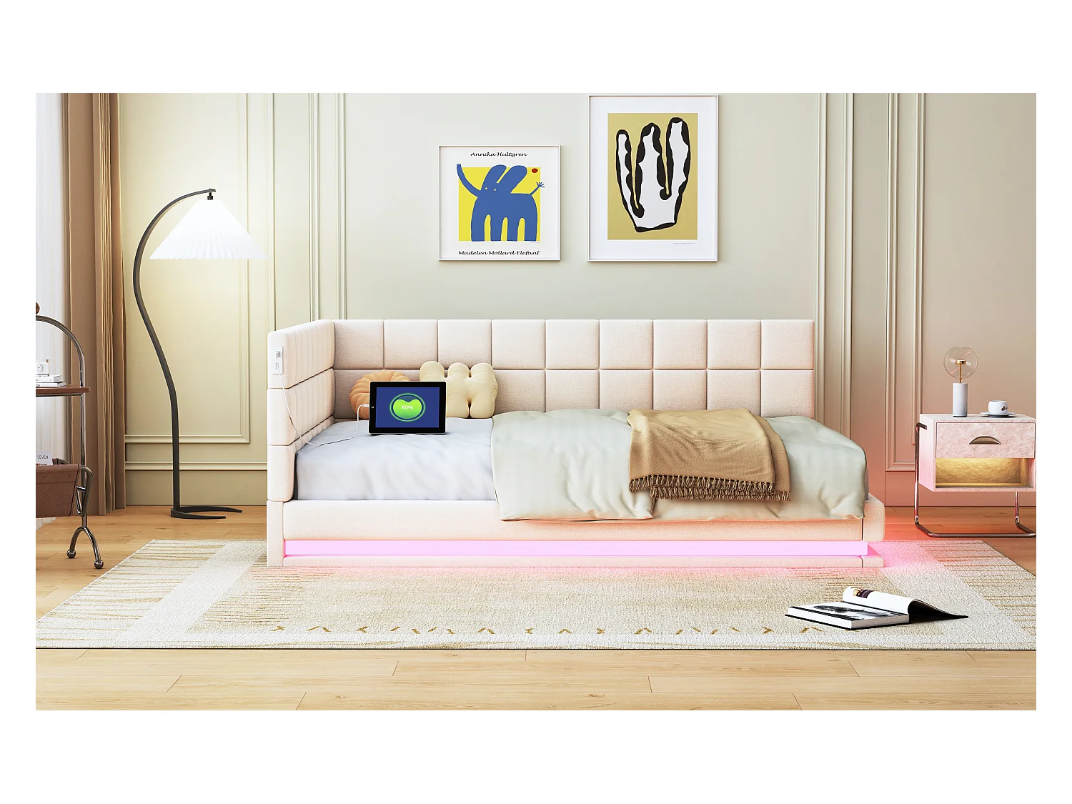 Lit convertible 140×200 cm en velours beige avec éclairage LED et prise USB, sommier inclus