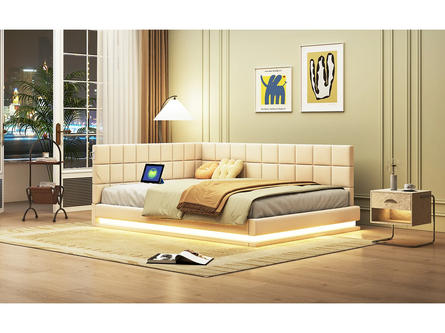 Lit convertible 140×200 cm en velours beige avec éclairage LED et prise USB, sommier inclus