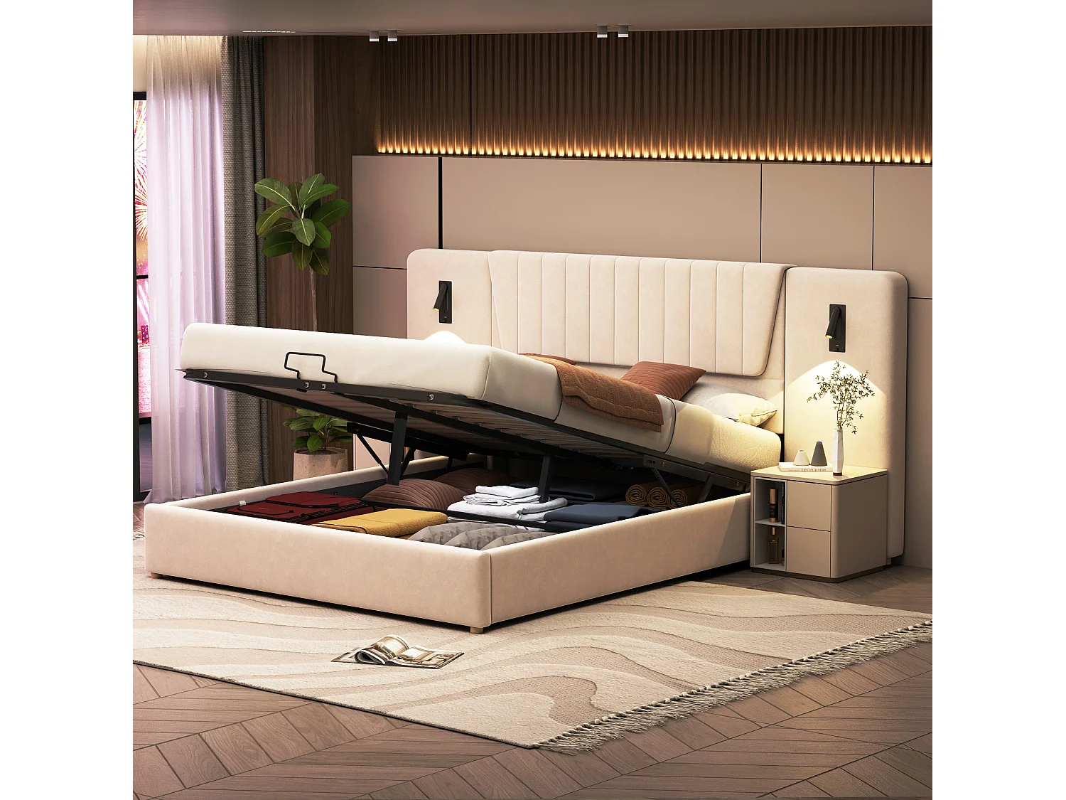 Lit rembourré 180×200 cm, avec dossier extra long, lampes de lecture pivotantes et port USB