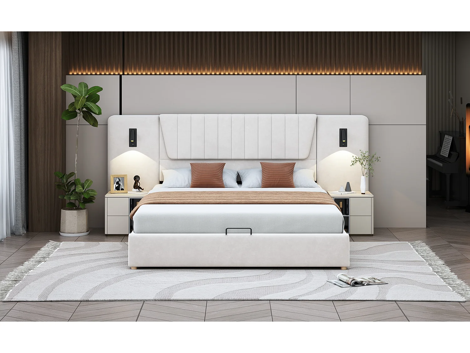 Lit rembourré 180×200 cm, avec dossier extra long, lampes de lecture pivotantes et port USB