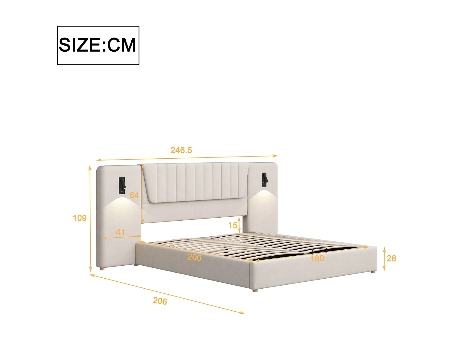 Lit rembourré 180×200 cm, avec dossier extra long, lampes de lecture pivotantes et port USB