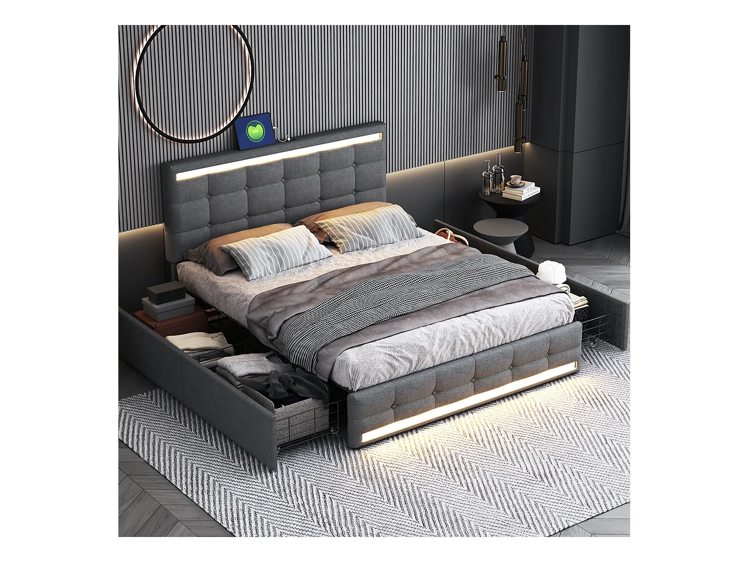 Lit rembourré 140×200 cm avec éclairage LED, 4 tiroirs et 2 ports USB, cadre de lit moderne en lin gris