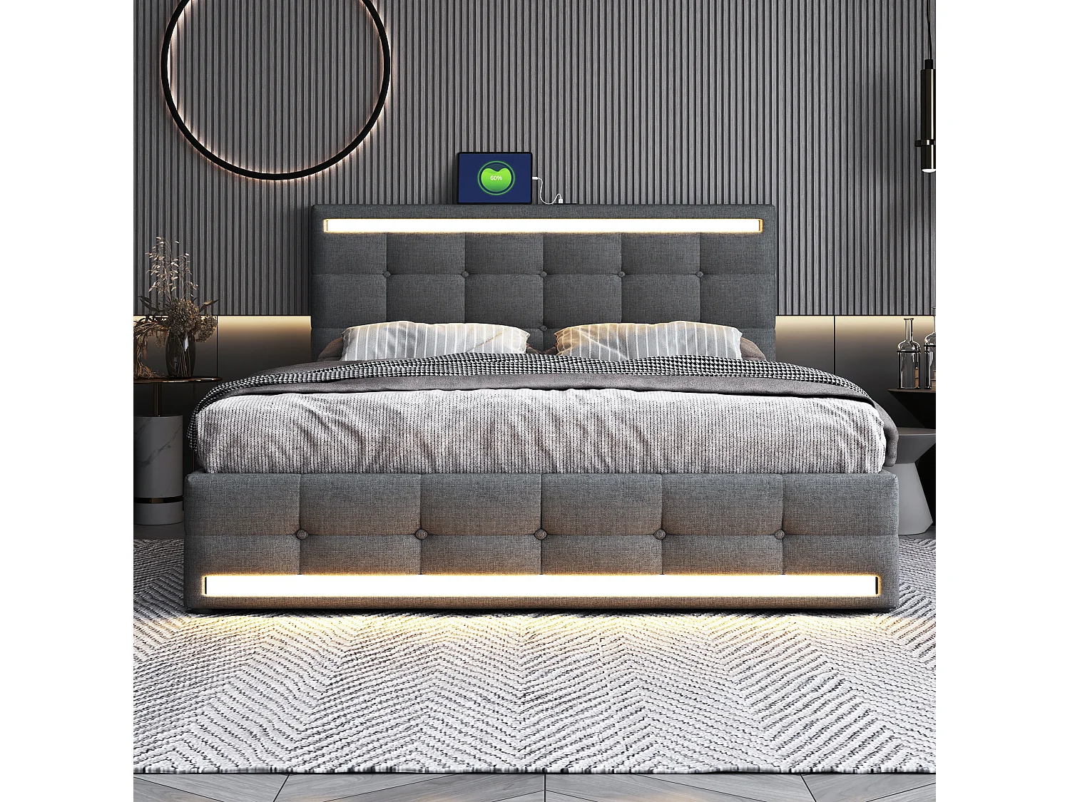 Lit rembourré 140×200 cm avec éclairage LED, 4 tiroirs et 2 ports USB, cadre de lit moderne en lin gris