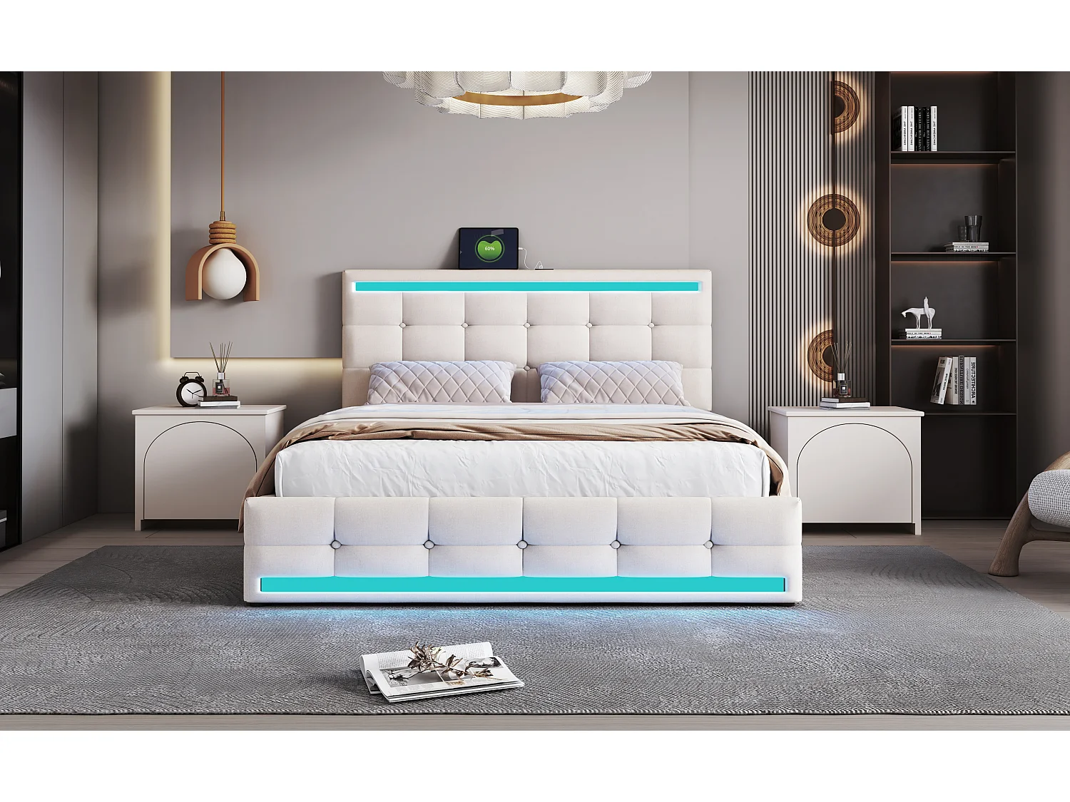 Lit rembourré 140×200 cm avec éclairage LED et rangement pratique, tissu en lin beige