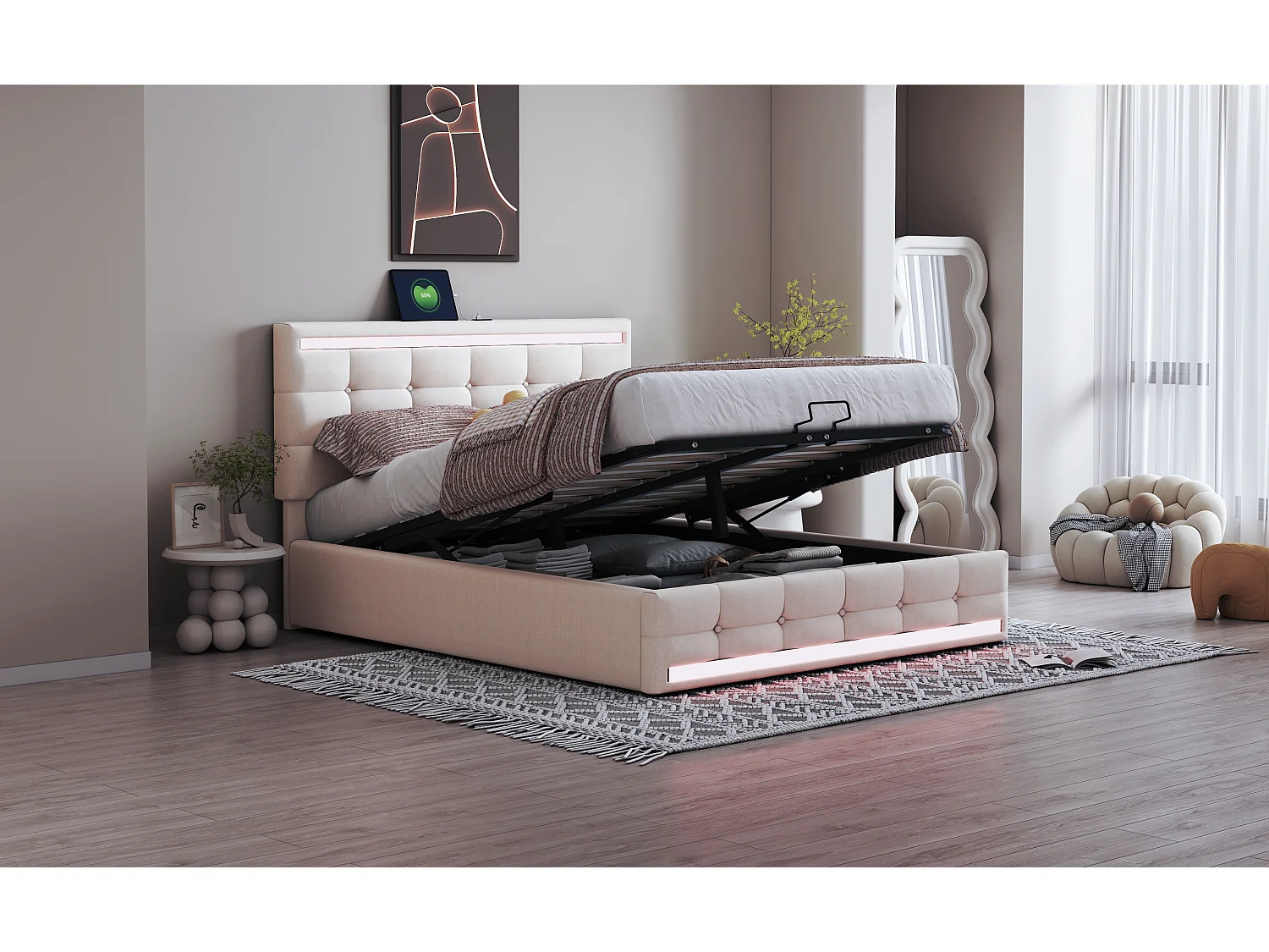 Lit rembourré 140×200 cm avec éclairage LED et rangement pratique, tissu en lin beige