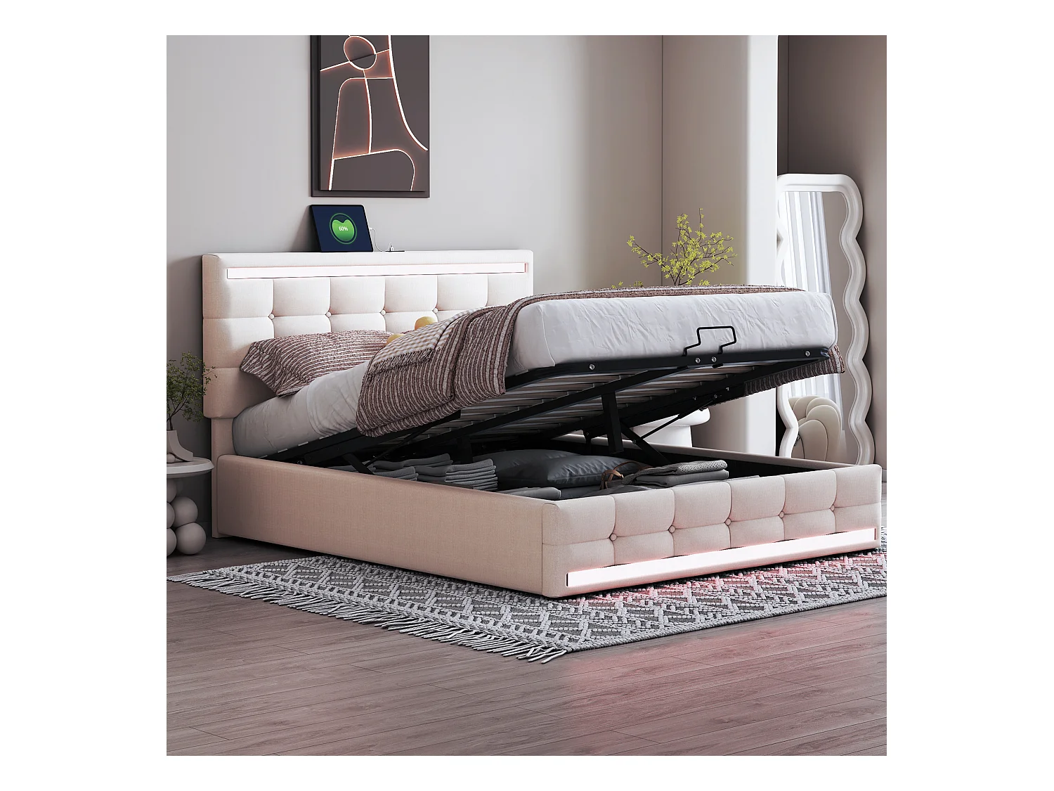 Lit rembourré 140×200 cm avec éclairage LED et rangement pratique, tissu en lin beige