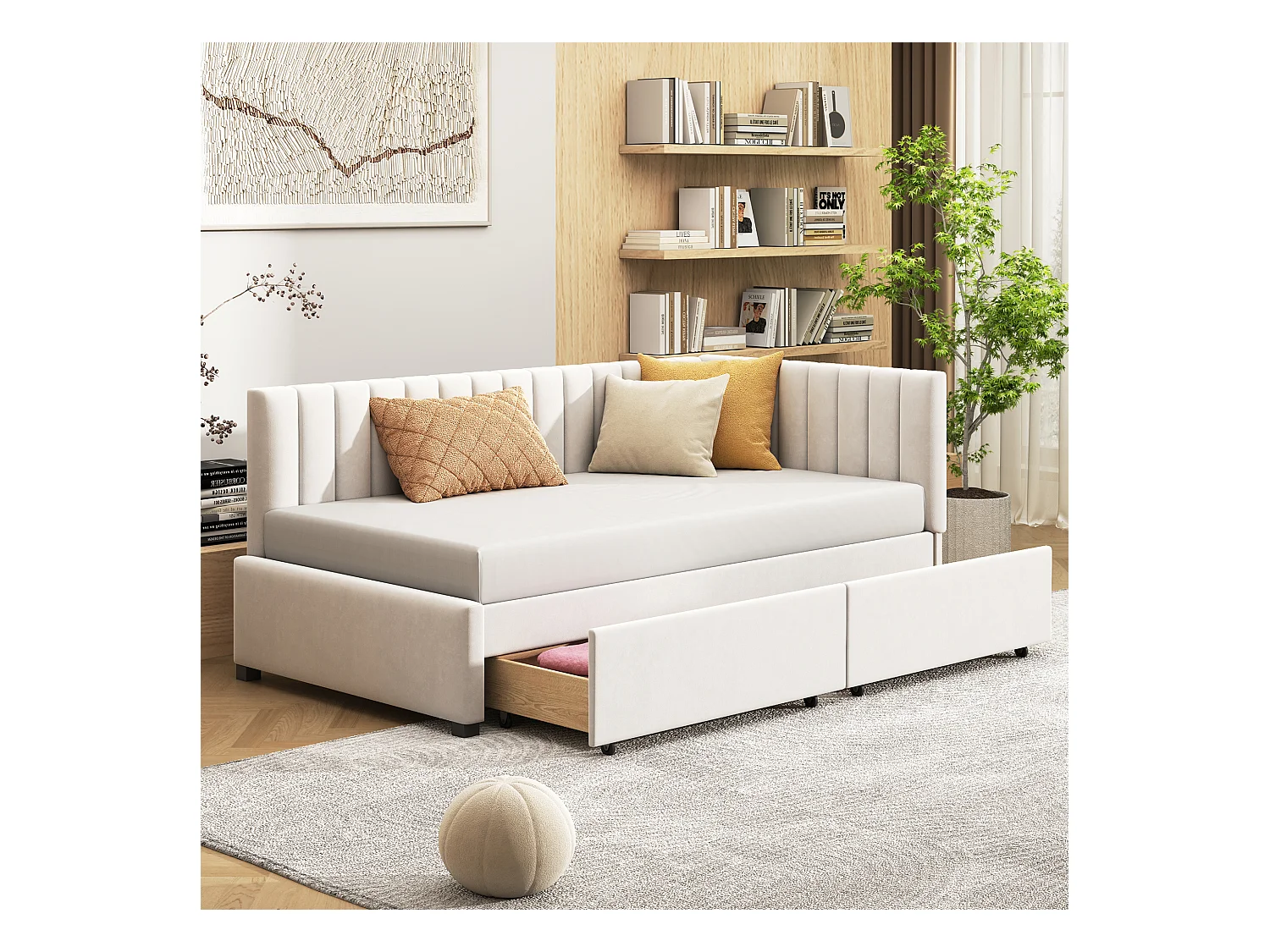 Lit d'appoint en velours beige 90×200 cm avec 2 tiroirs de rangement et sommier à lattes