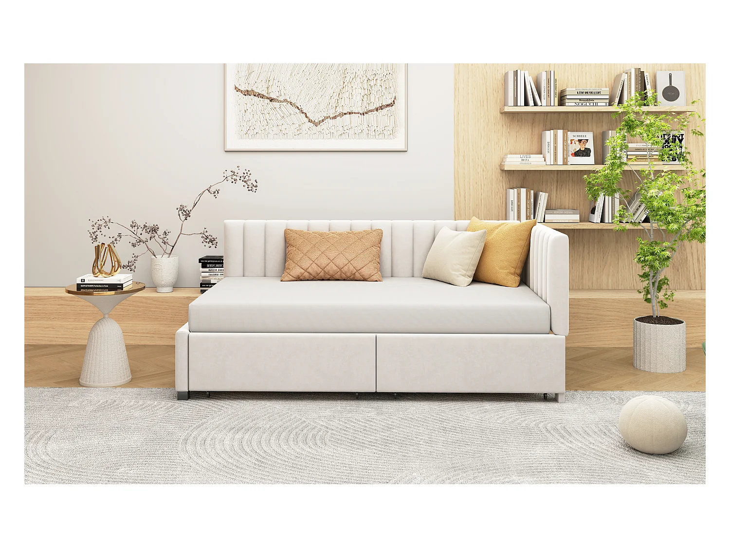 Lit d'appoint en velours beige 90×200 cm avec 2 tiroirs de rangement et sommier à lattes