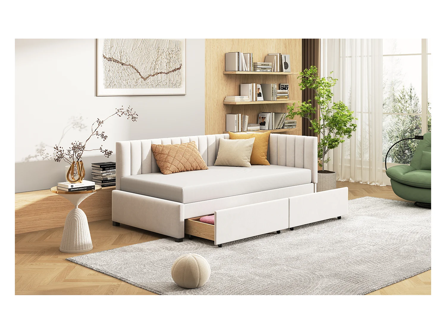 Lit d'appoint en velours beige 90×200 cm avec 2 tiroirs de rangement et sommier à lattes