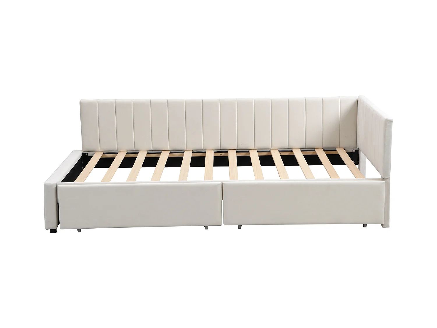 Lit d'appoint en velours beige 90×200 cm avec 2 tiroirs de rangement et sommier à lattes
