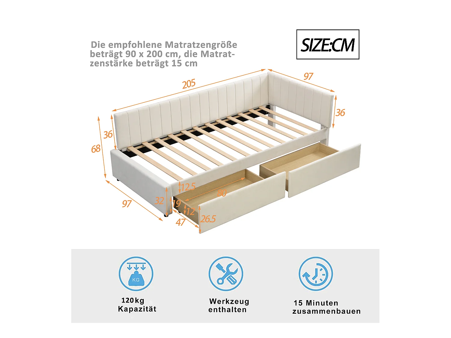 Lit d'appoint en velours beige 90×200 cm avec 2 tiroirs de rangement et sommier à lattes
