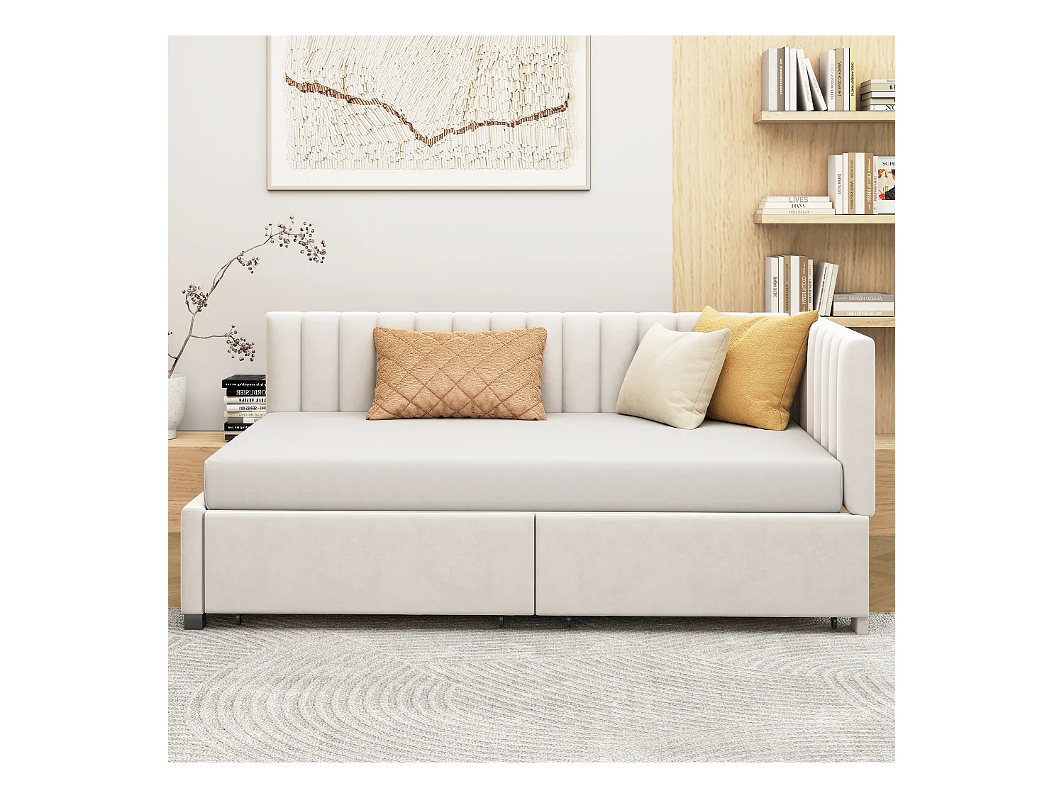 Lit d'appoint en velours beige 90×200 cm avec 2 tiroirs de rangement et sommier à lattes