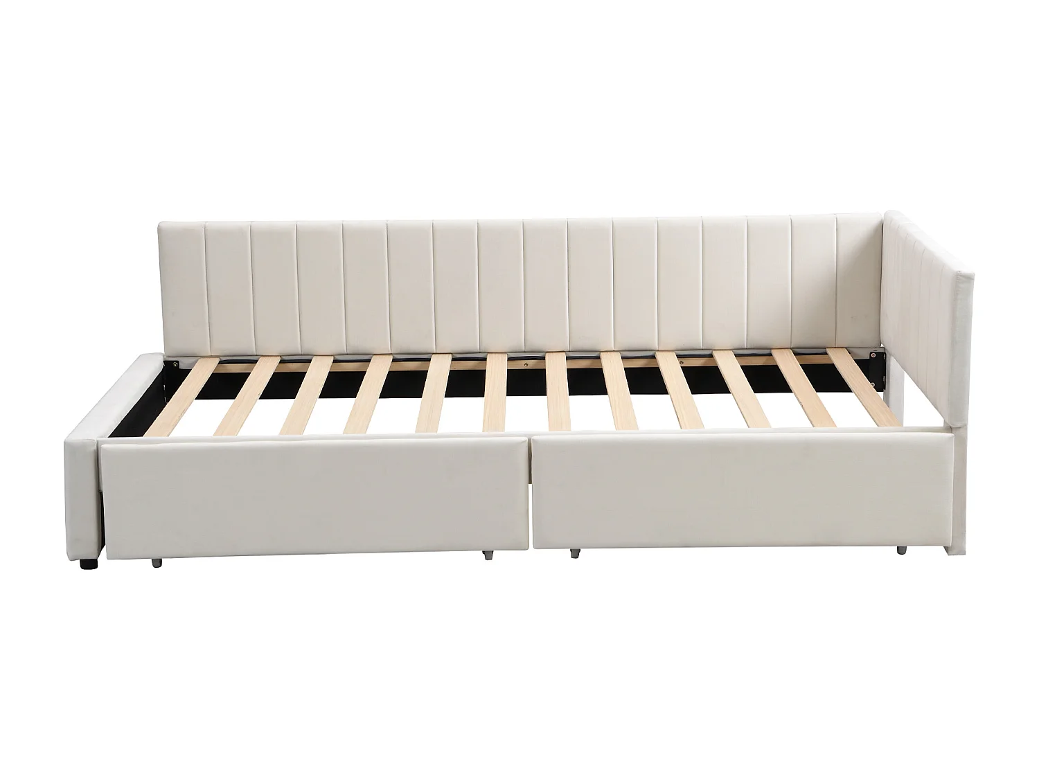 Lit d'appoint en velours beige 90×200 cm avec 2 tiroirs de rangement et sommier à lattes