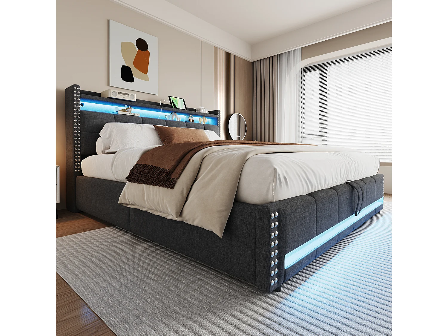 Lit rembourré 180×200 cm avec éclairage LED et prise USB, tête de lit avec étagères et rangement