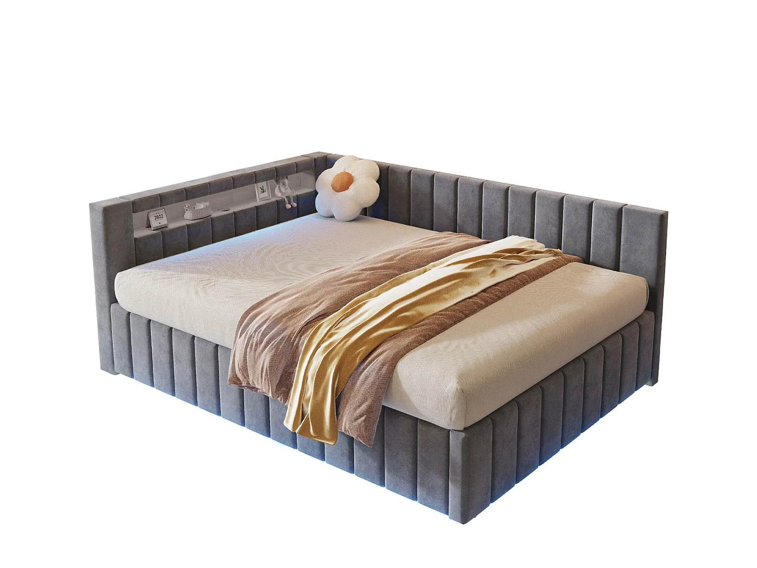 Lit d'appoint 140x200 cm, avec rangement hydraulique, éclairage LED et port USB, en velours gris