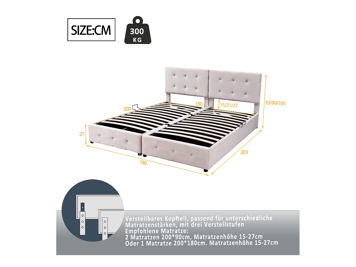Lit rembourré 180x200 cm avec rangement hydraulique, tête de lit réglable et design classique en velours beige
