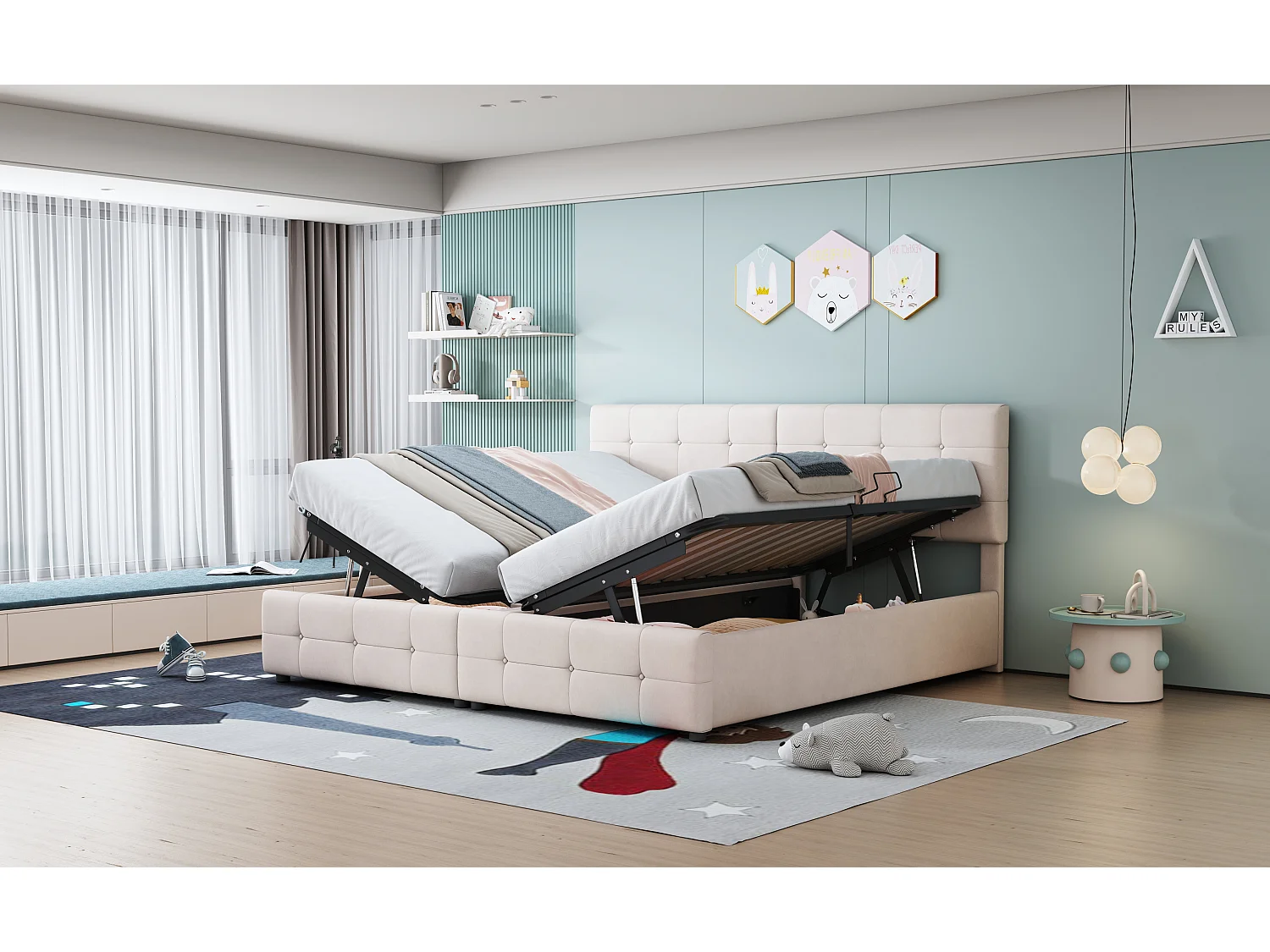 Lit rembourré 180x200 cm avec rangement hydraulique, tête de lit réglable et design classique en velours beige