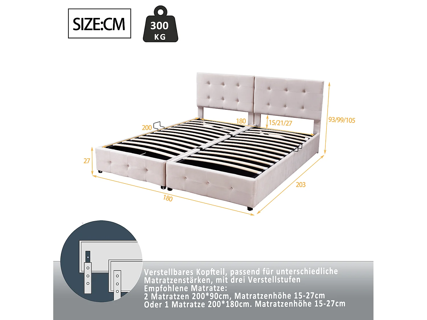 Lit rembourré 180x200 cm avec rangement hydraulique, tête de lit réglable et design classique en velours beige