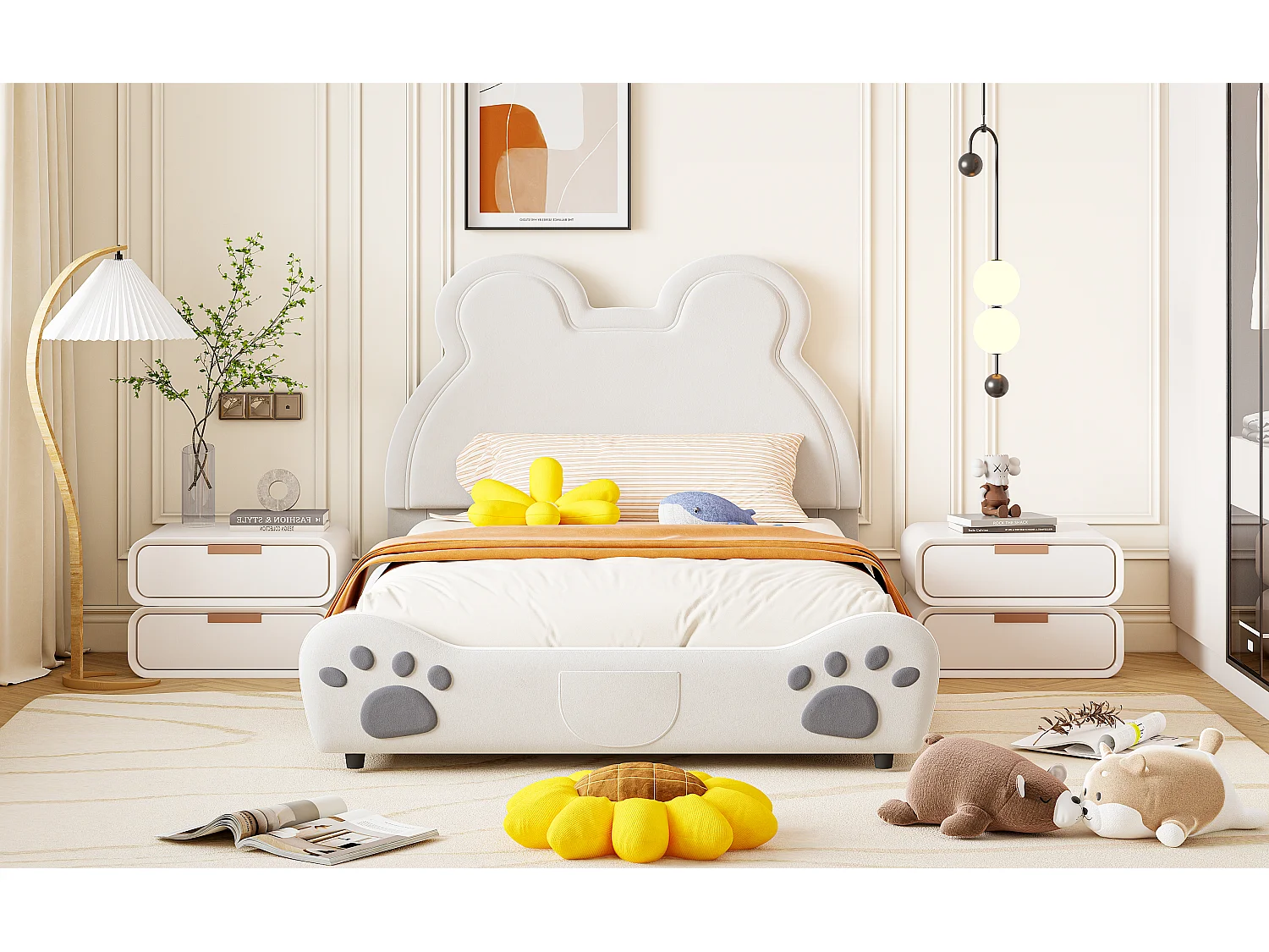 Lit enfant rembourré 140x200 cm, lit ours, velours blanc, lit simple