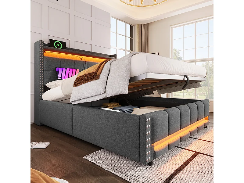 Lit rembourré 160×200 cm avec éclairage LED et prise USB, tête de lit avec étagères et rangement